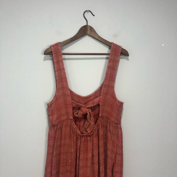 Free People Lily Anne Maxi Dress Plaid Ruffle Hem BackTie Rose Terracotta M - Picture 10 of 15